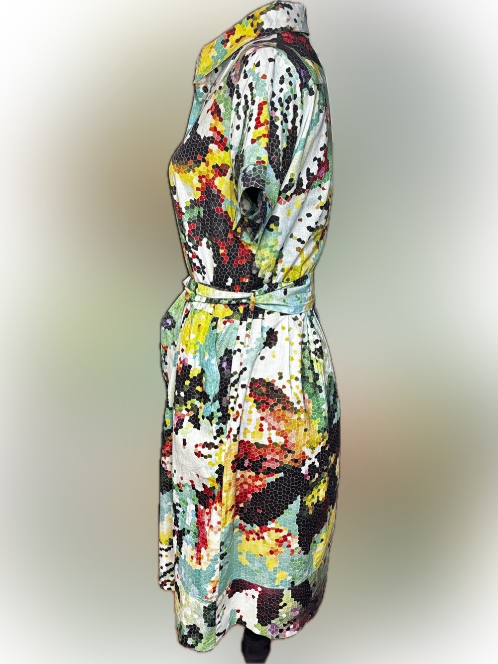 Katherine Barclay Mosaic Floral Cotton Shirt Dress with Belt Sz 6 - Picture 2 of 7